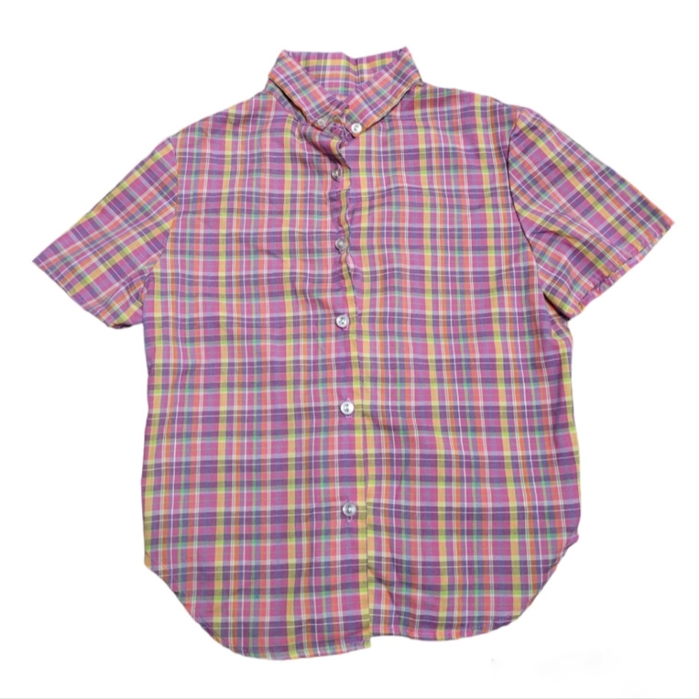 Vintage 1990s colorful, multicolored plaid button down short sleeved shirt